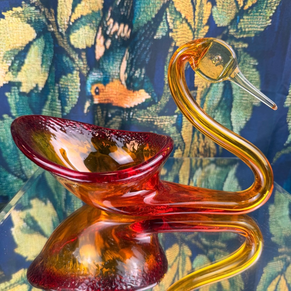 Vintage Art Glass Swan Bowl Amberina UV Reactive Murano Style Centerpiece